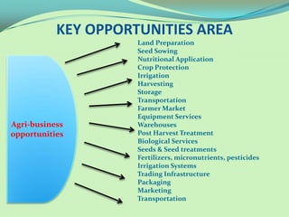 KEY OPPORTUNITIES AREA
                     Land Preparation
                     Seed Sowing
                     Nutritional Application
                     Crop Protection
                     Irrigation
                     Harvesting
                     Storage
                     Transportation
                     Farmer Market
                     Equipment Services
Agri-business        Warehouses
opportunities        Post Harvest Treatment
                     Biological Services
                     Seeds & Seed treatments
                     Fertilizers, micronutrients, pesticides
                     Irrigation Systems
                     Trading Infrastructure
                     Packaging
                     Marketing
                     Transportation
 