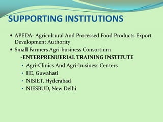 SUPPORTING INSTITUTIONS
 APEDA- Agricultural And Processed Food Products Export
  Development Authority
 Small Farmers Agri-business Consortium
    -ENTERPRENUERIAL TRAINING INSTITUTE
     • Agri-Clinics And Agri-business Centers
     • IIE, Guwahati
     • NISIET, Hyderabad
     • NIESBUD, New Delhi
 