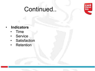 Continued..

•   Indicators
    • Time
    • Service
    • Satisfaction
    • Retention
 