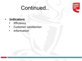 Continued..
•   Indicators
    • Efficiency
    • Customer satisfaction
    • Information
 