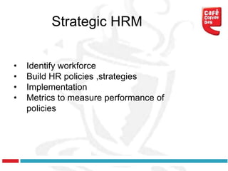 Strategic HRM


•   Identify workforce
•   Build HR policies ,strategies
•   Implementation
•   Metrics to measure performance of
    policies
 