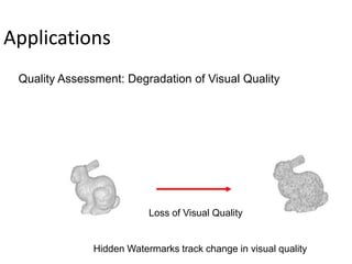 Applications
 Quality Assessment: Degradation of Visual Quality




                           Loss of Visual Quality


               Hidden Watermarks track change in visual quality
 