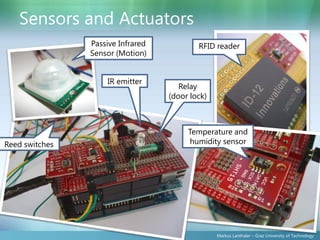 Sensors and Actuators
                Passive Infrared           RFID reader
                Sensor (Motion)


                    IR emitter
                                      Relay
                                   (door lock)



                                        Temperature and
Reed switches                           humidity sensor




                                                 Markus Lanthaler – Graz University of Technology
 