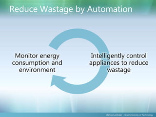 Reduce Wastage by Automation




 Monitor energy    Intelligently control
consumption and   appliances to reduce
  environment             wastage




                        Markus Lanthaler – Graz University of Technology
 