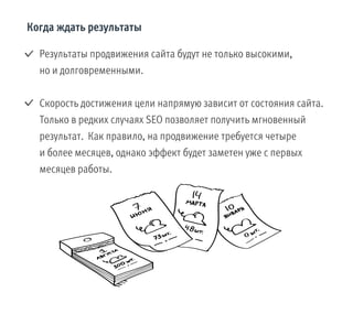 Результаты продвижения сайта будут не только высокими,
но и долговременными.
Скорость достижения цели напрямую зависит от состояния сайта.
Только в редких случаях SEO позволяет получить мгновенный
результат. Как правило, на продвижение требуется четыре
и более месяцев, однако эффект будет заметен уже с первых
месяцев работы.
Когда ждать результаты
 