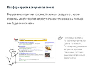 Как формируются результаты поиска

Внутренние алгоритмы поисковой системы определяют, какие
страницы удовлетворяют запросу пользователя и в каком порядке
они будут ему показаны.



                                             Поисковые системы
                                             по разному оценивают
                                             один и тот же сайт.
                                             Поэтому по одинаковым
                                             запросам в разных
                                             поисковых системах
                                             выдача иногда сильно
                                             различается.
 