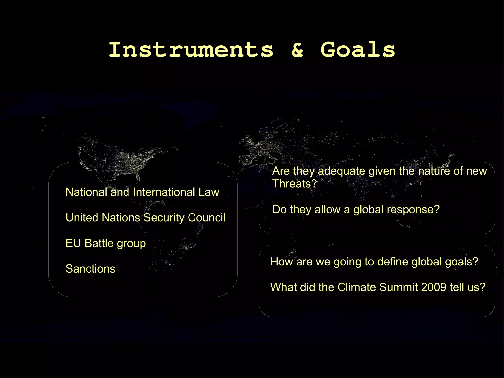 Instruments & Goals



                                  Are they adequate given the nature of new
                                  Threats?
National and International Law
                                  Do they allow a global response?
United Nations Security Council

EU Battle group
                                  How are we going to define global goals?
Sanctions
                                  What did the Climate Summit 2009 tell us?
 