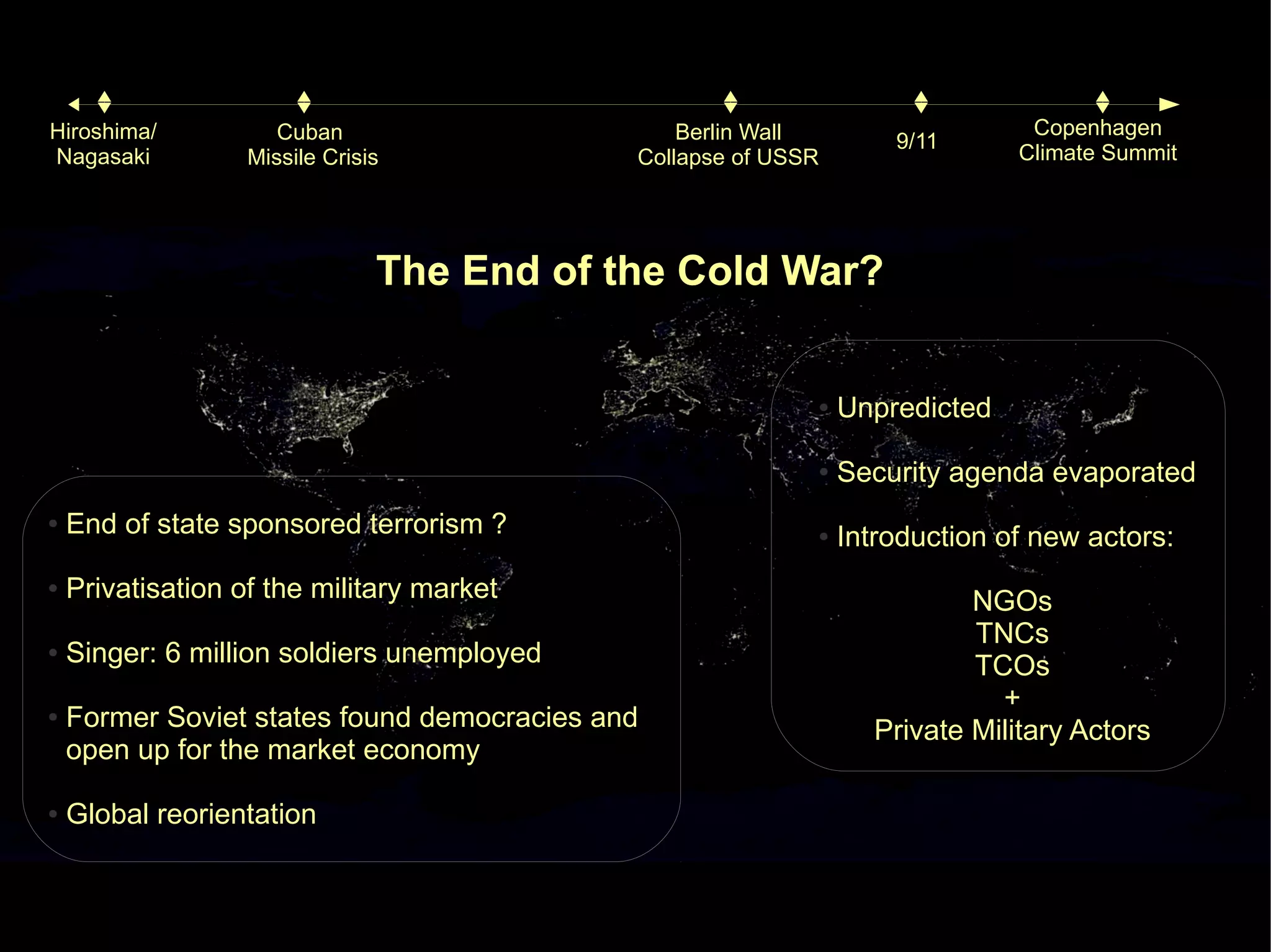 Hiroshima/            Cuban                      Berlin Wall                   Copenhagen
                                                                    9/11
Nagasaki           Missile Crisis            Collapse of USSR                 Climate Summit




                                The End of the Cold War?


                                                            ●   Unpredicted

                                                            ●   Security agenda evaporated
●   End of state sponsored terrorism ?                      ●   Introduction of new actors:
●   Privatisation of the military market                                  NGOs
                                                                          TNCs
●   Singer: 6 million soldiers unemployed                                 TCOs
                                                                            +
●   Former Soviet states found democracies and                    Private Military Actors
    open up for the market economy

●   Global reorientation
 