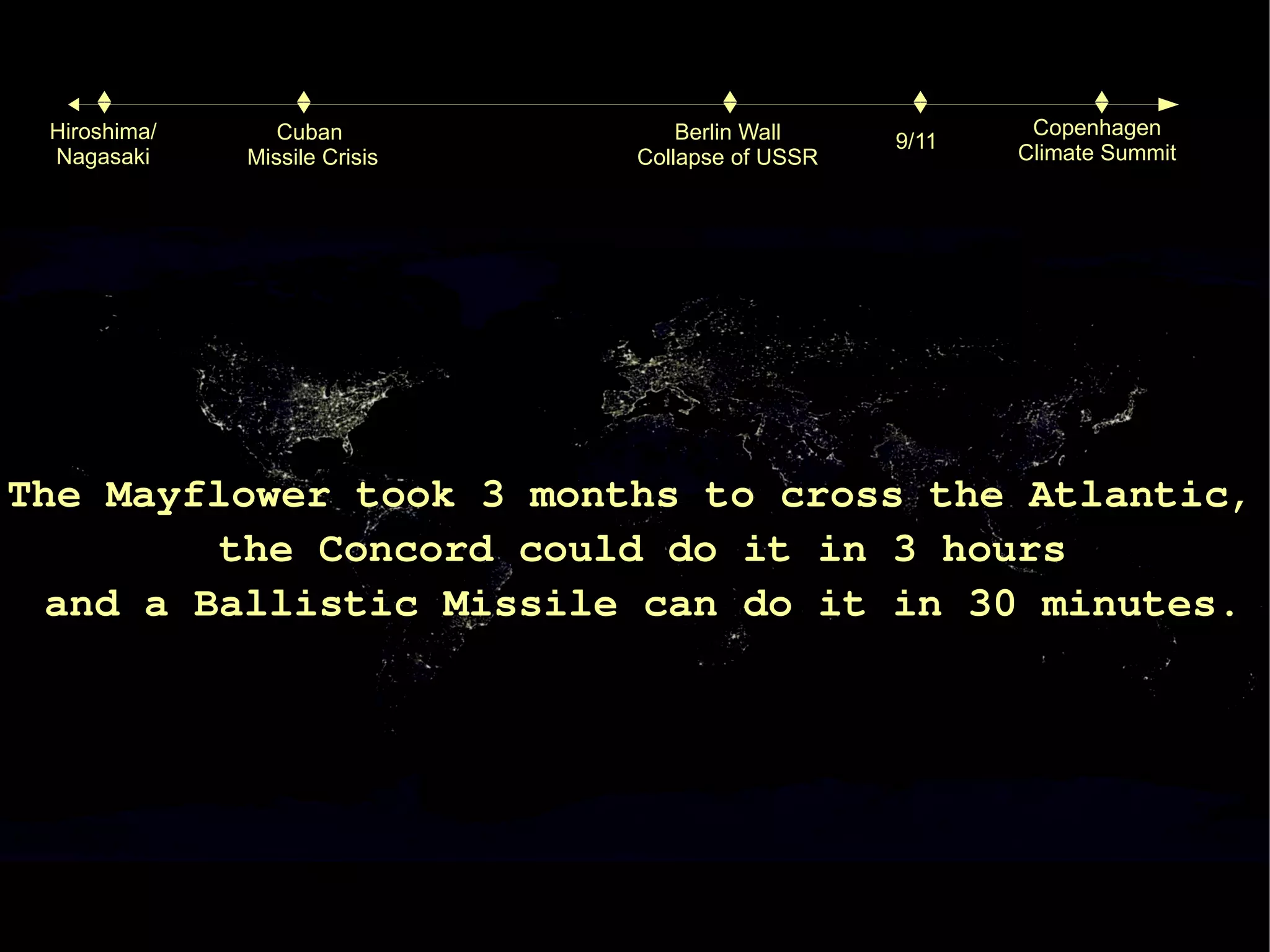 Hiroshima/      Cuban             Berlin Wall            Copenhagen
                                                  9/11
 Nagasaki     Missile Crisis   Collapse of USSR          Climate Summit




The Mayflower took 3 months to cross the Atlantic,
         the Concord could do it in 3 hours
  and a Ballistic Missile can do it in 30 minutes.
 