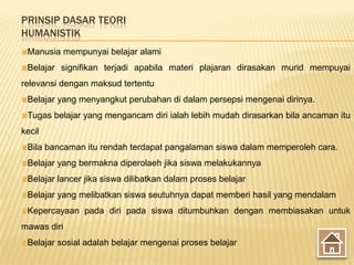 PRINSIP DASAR TEORI
HUMANISTIK
 Manusia mempunyai belajar alami
 Belajar signifikan terjadi apabila materi plajaran dirasakan murid mempuyai
relevansi dengan maksud tertentu
 Belajar yang menyangkut perubahan di dalam persepsi mengenai dirinya.
 Tugas belajar yang mengancam diri ialah lebih mudah dirasarkan bila ancaman itu
kecil
 Bila bancaman itu rendah terdapat pangalaman siswa dalam memperoleh cara.
 Belajar yang bermakna diperolaeh jika siswa melakukannya
 Belajar lancer jika siswa dilibatkan dalam proses belajar
 Belajar yang melibatkan siswa seutuhnya dapat memberi hasil yang mendalam
 Kepercayaan pada diri pada siswa ditumbuhkan dengan membiasakan untuk
mawas diri
 Belajar sosial adalah belajar mengenai proses belajar
 