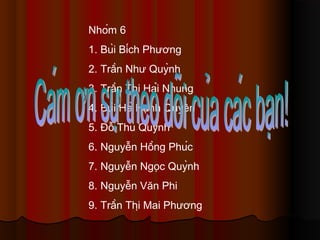 Nhóm 6
1. Bùi Bích Phương
2. Trần Như Quỳnh
3. Trần Thị Hải Nhung
4. Bùi Hà Hạnh Quyên
5. Đỗ Thu Quỳnh
6. Nguyễn Hồng Phúc
7. Nguyễn Ngọc Quỳnh
8. Nguyễn Văn Phi
9. Trần Thị Mai Phương
 