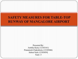 SAFETY MEASURES FOR TABLE-TOP
RUNWAY OF MANGALORE AIRPORT
Presented By:
Ambika Kuity (12103161)
Pranamesh Chakraborty (12103046)
Subrat Naik (12103059)
Team -3
 