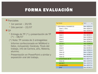 Parciales
 1er parcial – 20/05
 2do parcial – 22/07
TP
 Entrega de TP (*) y presentación de TP
(*) – 08/07
(*) Nota: TP consta de 2 entregables:
- Informe confeccionado en MSWord o
Gdoc, incluyendo: Caratula, Titulo del
trabajo, info de Carrera, año, Materia,
alumno.
- Presentación en PowerPoint o similar y
exposición oral del trabajo.
FORMA EVALUACIÓN
 