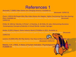 Abuhadid, T (2009) Video Games Are Changing America, Available at:
http://group20project.wikispaces.com/Video+Games+Changed+America (Accessed: 13/05/13)
Chant, I (2013) Old People Who Play Video Games Are Happier, Higher Functioning Than Non-Gaming
Peers, Available at: http://www.geekosystem.com/elderly-video-games-happiness/ (Accessed:
13/05/13)
Childs, M. (2011a) ‘Identity: A Primer’, in Peachey, A. & Childs, M. (eds.) Reinventing Ourselves:
Contemporary Concepts of Identity in Virtual Worlds. London: Springer.
Hinkle, D (2011) Report: Game Industry Worth $74 Billion in 2011, Available at:
http://www.joystiq.com/2011/07/05/report-game-industry-worth-74-billion-in-2011/ (Accessed:
13/05/13)
Lazzaro, N (2004) Why We Play Games: Four Keys to More Emotion Without Story, Available at:
http://www.citeulike.org/group/596/article/436449 (Accessed: 13/05/13)
Maslow, A.H. (1943). A theory of human motivation. Psychological Review, 50(4), 370–96.
Available at: http://psychclassics.yorku.ca/Maslow/motivation.htm (Accessed: 13/05/13)
References 1
 