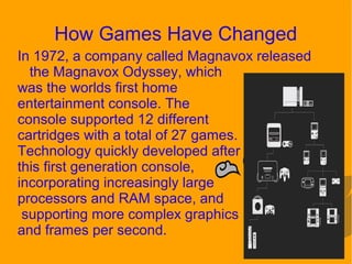 How Games Have Changed
In 1972, a company called Magnavox released
the Magnavox Odyssey, which
was the worlds first home
entertainment console. The
console supported 12 different
cartridges with a total of 27 games.
Technology quickly developed after
this first generation console,
incorporating increasingly large
processors and RAM space, and
supporting more complex graphics
and frames per second.
 
