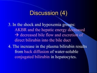 Discussion (4)Discussion (4)
3. In the shock and hypoxemia groups:
AKBR and the hepatic energy decreased
 decreased bile flow and excretion of
direct bilirubin into the bile duct
4. The increase in the plasma bilirubin results
from back diffusion of water-soluble
conjugated bilirubin in hepatocytes.
 