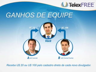 GANHOS DE EQUIPE
Receba U$ 20 ou U$ 100 pelo cadastro direto de cada novo divulgador.
 