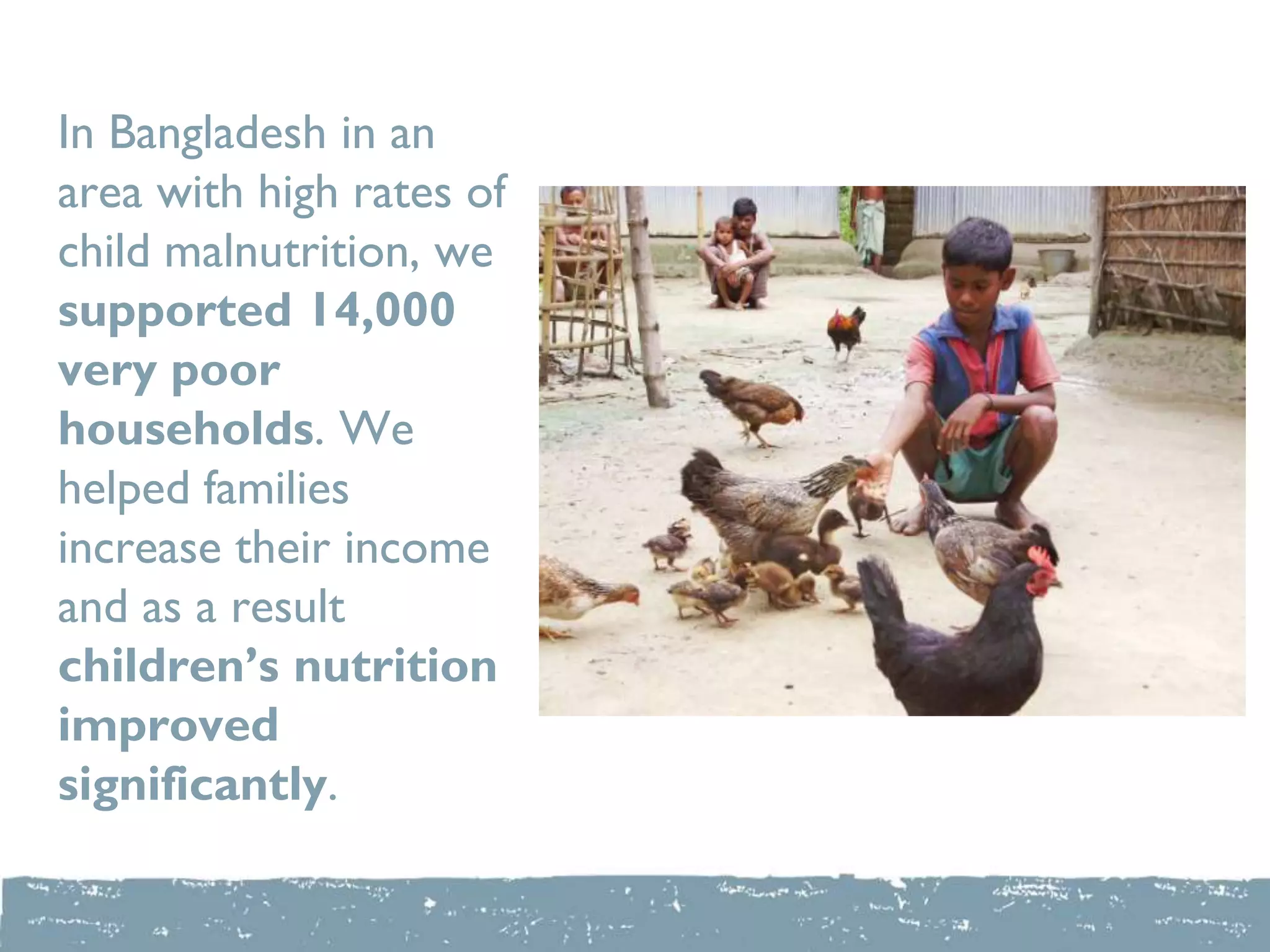 In Bangladesh in an
area with high rates of
child malnutrition, we
supported 14,000
very poor
households. We
helped families
increase their income
and as a result
children’s nutrition
improved
significantly.
 