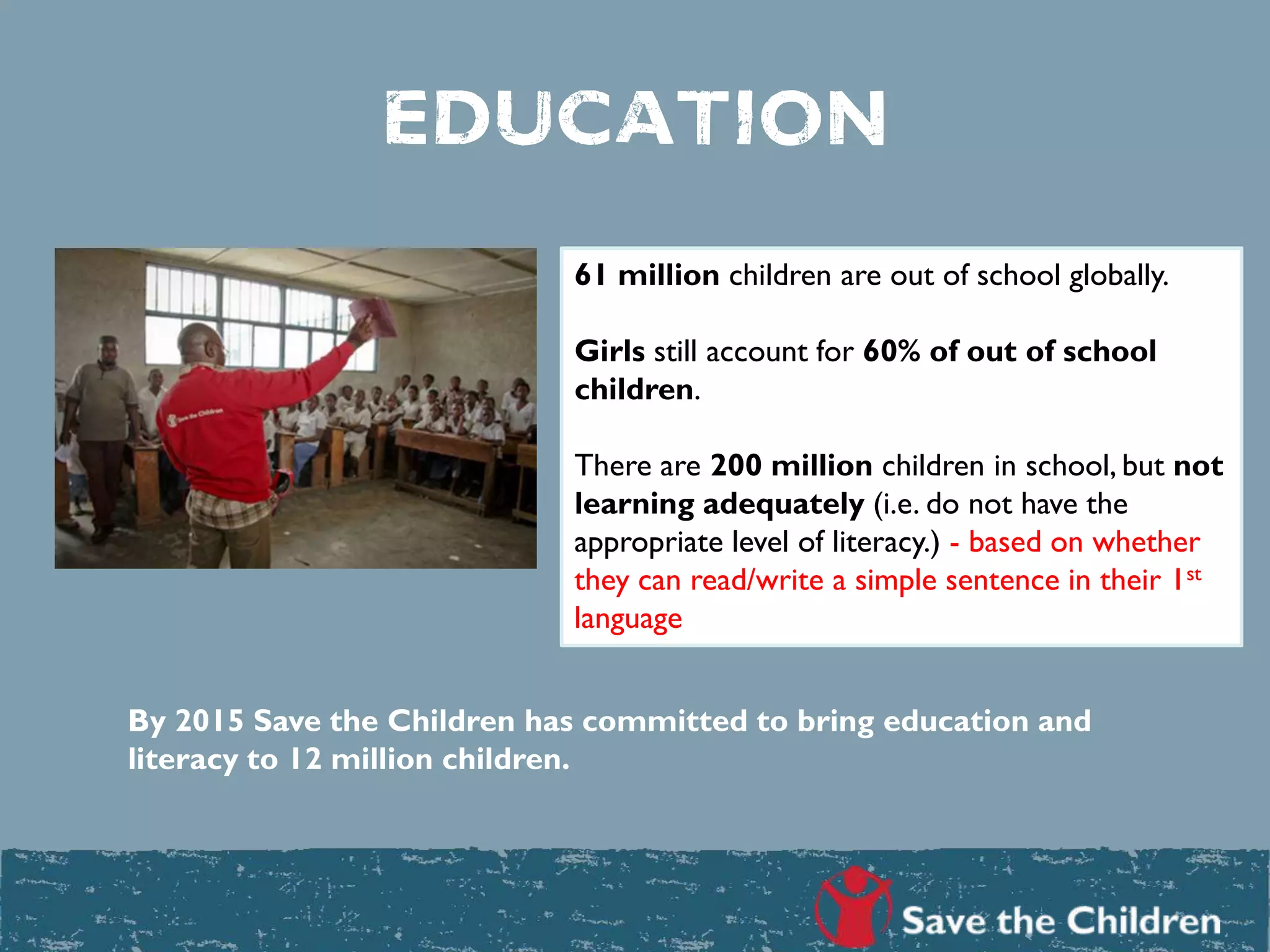 EDUCATION
61 million children are out of school globally.
Girls still account for 60% of out of school
children.
There are 200 million children in school, but not
learning adequately (i.e. do not have the
appropriate level of literacy.) - based on whether
they can read/write a simple sentence in their 1st
language
By 2015 Save the Children has committed to bring education and
literacy to 12 million children.
 