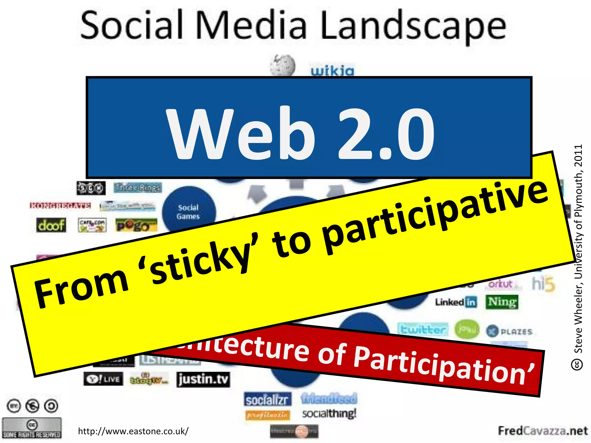 http://www.eastone.co.uk/
The ‘Architecture of Participation’
SteveWheeler,UniversityofPlymouth,2011
From ‘sticky’ to participative
Web 2.0
 