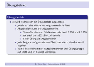 ¨Ubungsbetrieb
¨Ubungsbetrieb
es wird w¨ochentlich ein ¨Ubungsblatt ausgegeben
jeweils ca. eine Woche vor Abgabetermin im Netz
Abgabe siehe Liste der Abgabetermine
Einwurf in obersten Briefkasten zwischen LF 258 und LF 259
per email an ra2011@inf.uni-due.de
in der ¨Ubung am Abgabetermin
jede Aufgabe auf gesondertem Blatt oder durch einzelne email
abgeben
Name, Matrikelnummer, Aufgabennummer und ¨Ubungsgruppe
auf Blatt und im Subject vermerken
6 Dr. Werner Otten Rechnerarchitektur SS 2011
 