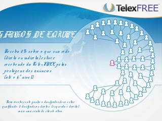 GANHOS DE EQUIPE
Re ce ba 2% so bre o que sua re de
(dire ta o u indire ta) e stive r
re ce be ndo da Te le xFREE pe las
po stag e ns do s anúncio s
(até o 6 º níve l).
Para re ce be re ste g anho o divulg ado r de ve e star
qualificado : 2 divulgado re s dire to s (e sque rda e dire ita)
m ais um a co nta de clie nte ativa .
 