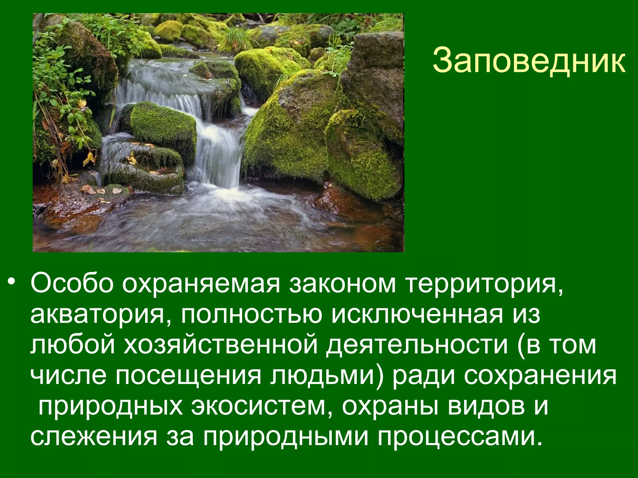 Заповедник
• Особо охраняемая законом территория,
акватория, полностью исключенная из
любой хозяйственной деятельности (в том
числе посещения людьми) ради сохранения
природных экосистем, охраны видов и
слежения за природными процессами.
 