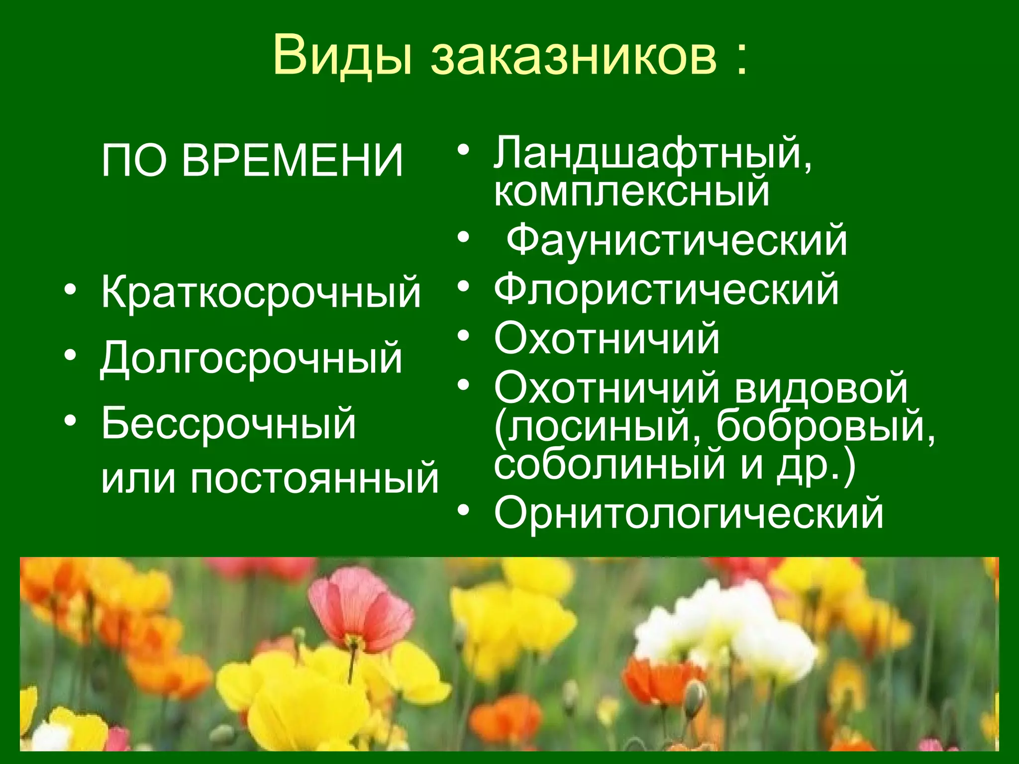 Виды заказников :
ПО ВРЕМЕНИ
• Краткосрочный
• Долгосрочный
• Бессрочный
или постоянный
• Ландшафтный,
комплексный
• Фаунистический
• Флористический
• Охотничий
• Охотничий видовой
(лосиный, бобровый,
соболиный и др.)
• Орнитологический
 