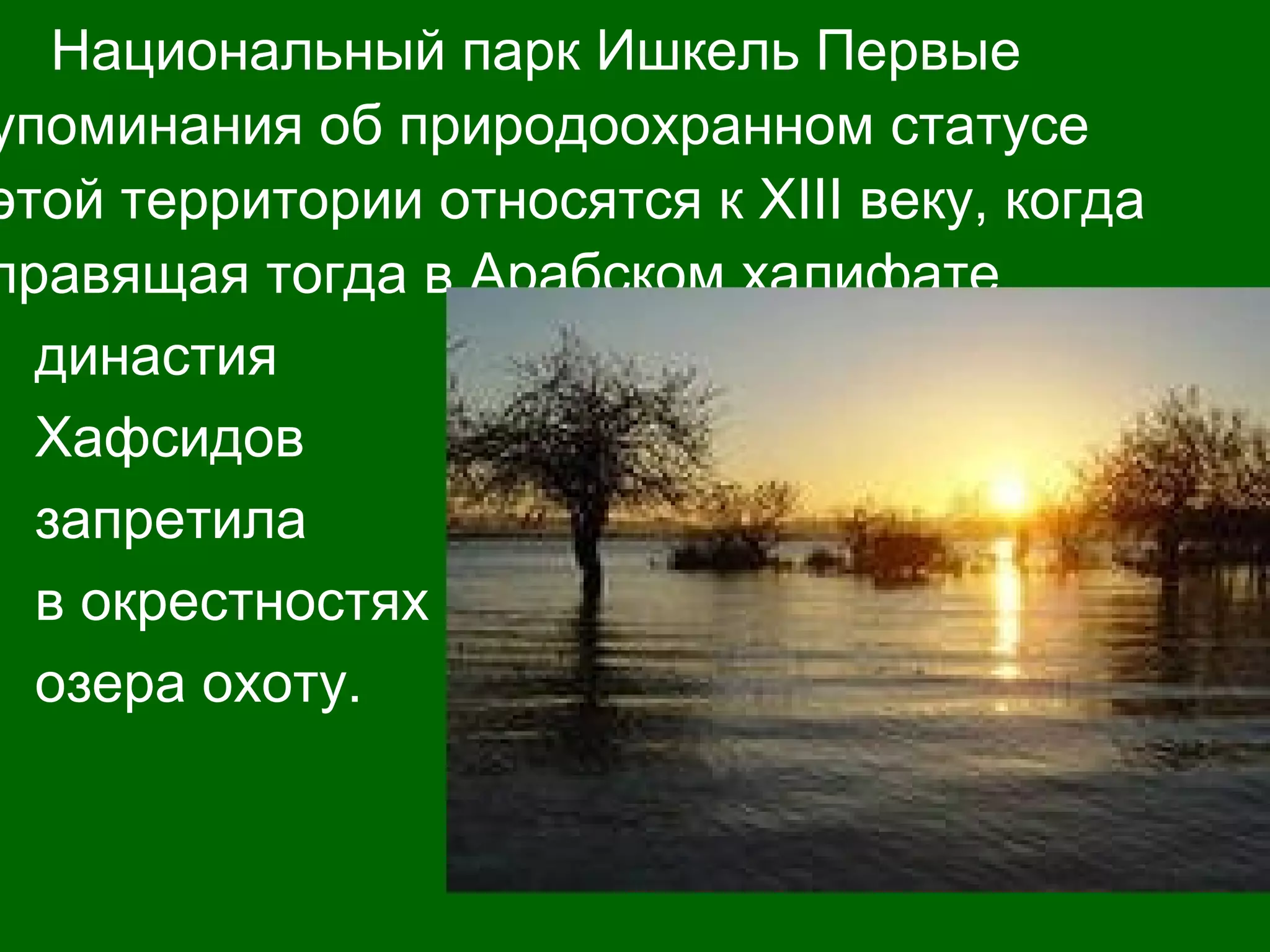 Национальный парк Ишкель Первые
упоминания об природоохранном статусе
этой территории относятся к XIII веку, когда
правящая тогда в Арабском халифате
династия
Хафсидов
запретила
в окрестностях
озера охоту.
 