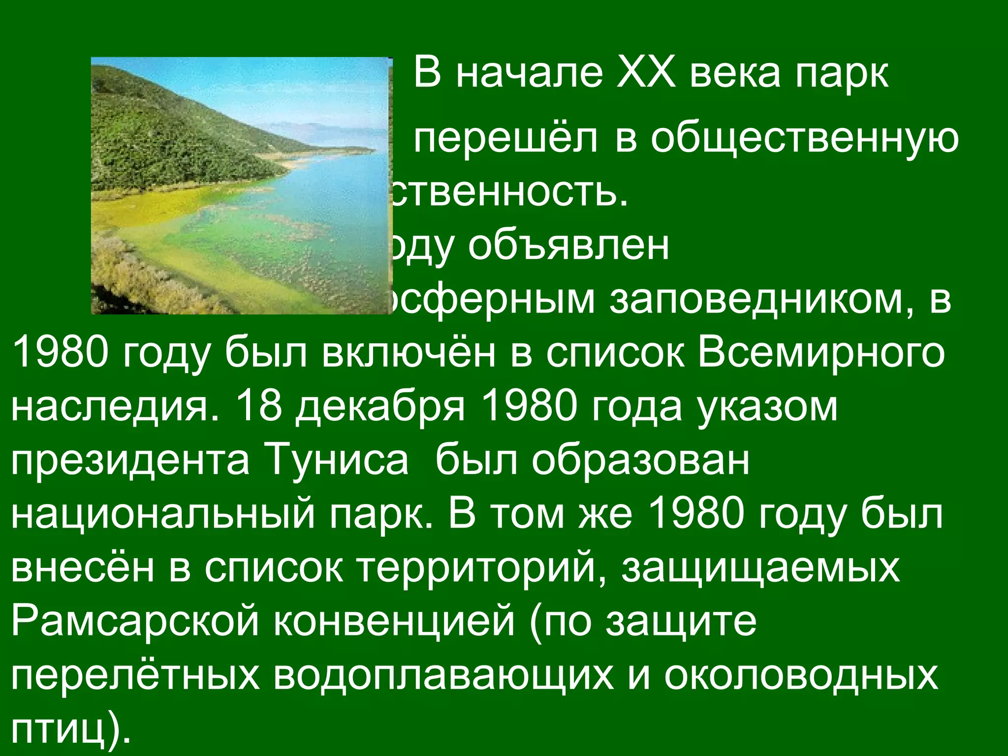 В начале XX века парк
перешёл в общественную
собственность.
В 1977 году объявлен
ЮНЕСКО биосферным заповедником, в
1980 году был включён в список Всемирного
наследия. 18 декабря 1980 года указом
президента Туниса был образован
национальный парк. В том же 1980 году был
внесён в список территорий, защищаемых
Рамсарской конвенцией (по защите
перелётных водоплавающих и околоводных
птиц).
 