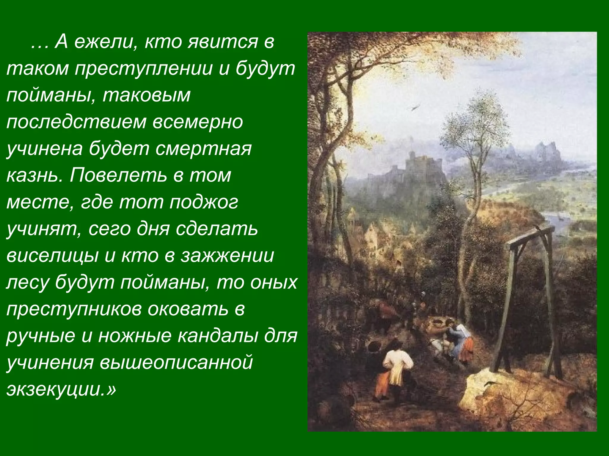 … А ежели, кто явится в
таком преступлении и будут
пойманы, таковым
последствием всемерно
учинена будет смертная
казнь. Повелеть в том
месте, где тот поджог
учинят, сего дня сделать
виселицы и кто в зажжении
лесу будут пойманы, то оных
преступников оковать в
ручные и ножные кандалы для
учинения вышеописанной
экзекуции.»
 