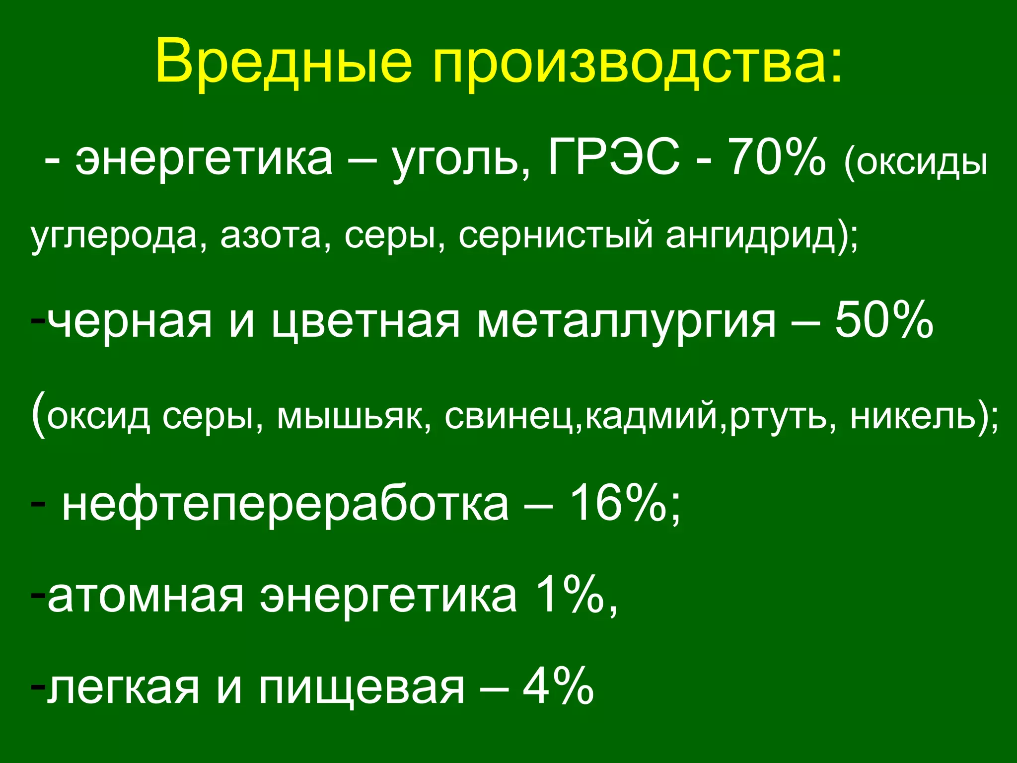 Вредные производства:
- энергетика – уголь, ГРЭС - 70% (оксиды
углерода, азота, серы, сернистый ангидрид);
-черная и цветная металлургия – 50%
(оксид серы, мышьяк, свинец,кадмий,ртуть, никель);
- нефтепереработка – 16%;
-атомная энергетика 1%,
-легкая и пищевая – 4%
 