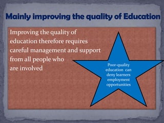 Improving the quality of
education therefore requires
careful management and support
from all people who
are involved
Poor-quality
education can
deny learners
employment
opportunities
 