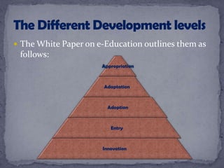  The White Paper on e-Education outlines them as
follows:
Appropriation
Adaptation
Adoption
Entry
Innovation
 