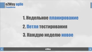 eZWay agile
Разработка
1. Недельное планирование
2. Петля тестирования
3. Каждую неделю новое
eZWay
 