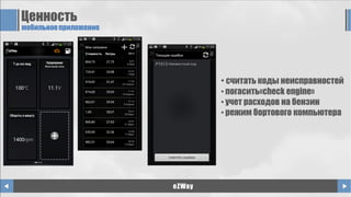 Ценность
мобильноеприложение
eZWay
• считать коды неисправностей
• погасить«check engine»
• учет расходов на бензин
• режим бортового компьютера
 