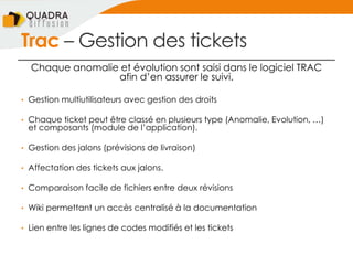 Trac Ŕ Gestion des tickets
Chaque anomalie et évolution sont saisi dans le logiciel TRAC
afin d’en assurer le suivi.
• Gestion multiutilisateurs avec gestion des droits
• Chaque ticket peut être classé en plusieurs type (Anomalie, Evolution, …)
et composants (module de l’application).
• Gestion des jalons (prévisions de livraison)
• Affectation des tickets aux jalons.
• Comparaison facile de fichiers entre deux révisions
• Wiki permettant un accès centralisé à la documentation
• Lien entre les lignes de codes modifiés et les tickets
 