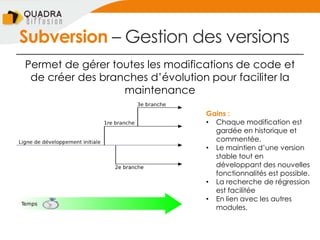 Subversion Ŕ Gestion des versions
Permet de gérer toutes les modifications de code et
de créer des branches d’évolution pour faciliter la
maintenance
Gains :
• Chaque modification est
gardée en historique et
commentée.
• Le maintien d’une version
stable tout en
développant des nouvelles
fonctionnalités est possible.
• La recherche de régression
est facilitée
• En lien avec les autres
modules.
 