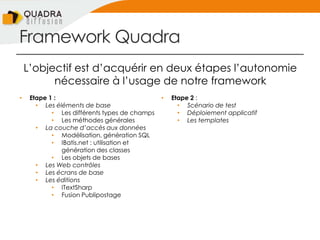 Framework Quadra
L’objectif est d’acquérir en deux étapes l’autonomie
nécessaire à l’usage de notre framework
• Etape 1 :
• Les éléments de base
• Les différents types de champs
• Les méthodes générales
• La couche d’accès aux données
• Modélisation, génération SQL
• IBatis.net : utilisation et
génération des classes
• Les objets de bases
• Les Web contrôles
• Les écrans de base
• Les éditions
• ITextSharp
• Fusion Publipostage
• Etape 2 :
• Scénario de test
• Déploiement applicatif
• Les templates
 