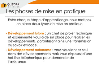 Les phases de mise en pratique
Entre chaque étape d’apprentissage, nous mettons
en place deux types de mise en pratique
• Développement tutoré : un chef de projet technique
et expérimenté vous aide sur place pour réaliser les
développements, garantissant ainsi une transmission
du savoir efficace.
• Développement autonome : vous vous lancez seul
dans des développements mais vous disposez d’une
hot-line téléphonique pour demander de
l’assistance
 
