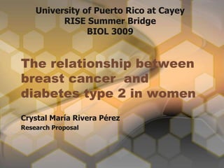 The relationship between
breast cancer and
diabetes type 2 in women
Crystal María Rivera Pérez
Research Proposal
University of Puerto Rico at Cayey
RISE Summer Bridge
BIOL 3009
 