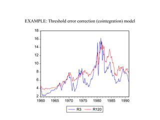 EXAMPLE: Threshold error correction (cointegration) model
2
4
6
8
10
12
14
16
18
1960 1965 1970 1975 1980 1985 1990
R3 R120
 