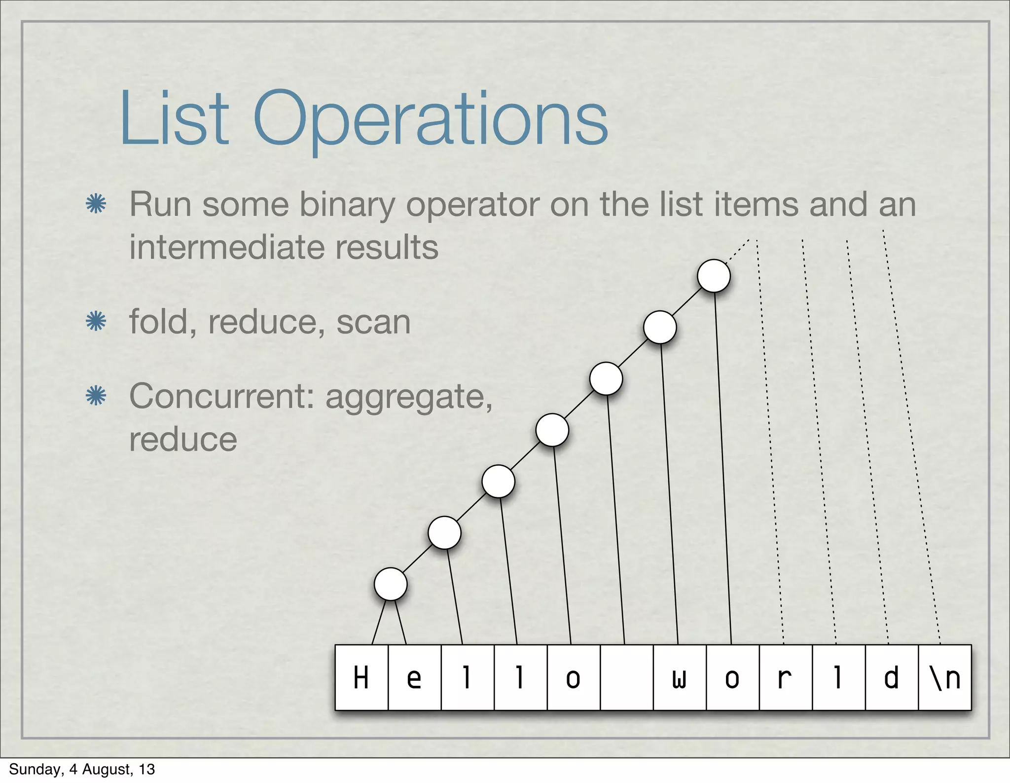 List Operations
Run some binary operator on the list items and an
intermediate results
fold, reduce, scan
Concurrent: aggregate,
reduce
ndlrowolleH
Sunday, 4 August, 13
 