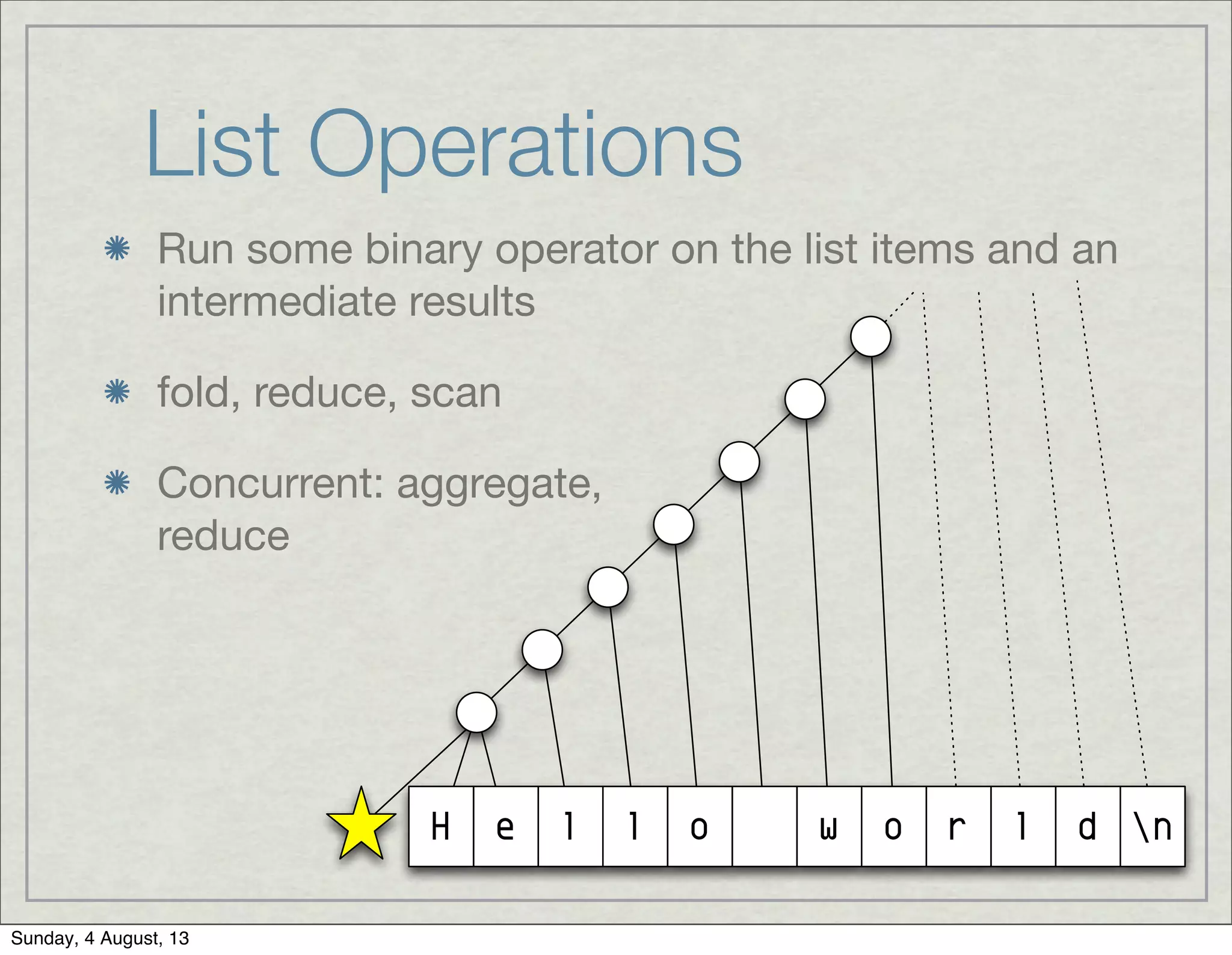 List Operations
Run some binary operator on the list items and an
intermediate results
fold, reduce, scan
Concurrent: aggregate,
reduce
ndlrowolleH
Sunday, 4 August, 13
 