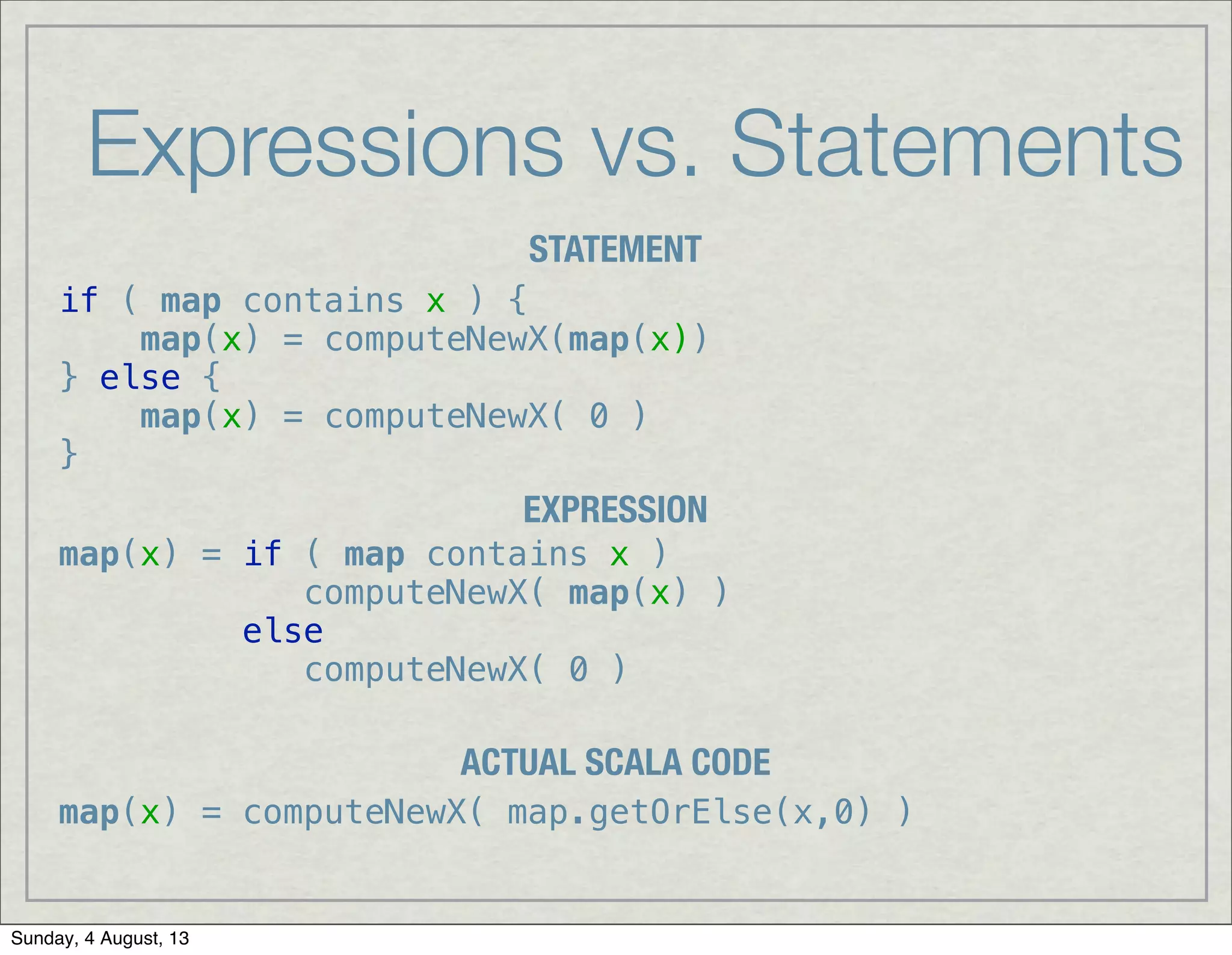 Expressions vs. Statements
STATEMENT
EXPRESSION
if ( map contains x ) {
map(x) = computeNewX(map(x))
} else {
map(x) = computeNewX( 0 )
}
map(x) = if ( map contains x )
computeNewX( map(x) )
else
computeNewX( 0 )
ACTUAL SCALA CODE
map(x) = computeNewX( map.getOrElse(x,0) )
Sunday, 4 August, 13
 