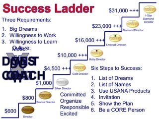 1-Star
Diamond
Director
Diamond Director
Emerald Director
Ruby Director
Gold Director
Silver Director
$4,500 +++
$10,000 +++
$16,000 +++
$23,000 +++
$31,000 +++
Bronze Director
Director
$1,000
$800
$600
Three Requirements:
1. Big Dreams
2. Willingness to Work
3. Willingness to Learn
EGO
PRIDE
FEAR Six Steps to Success:
1. List of Dreams
2. List of Names
3. Use USANA Products
4. Invitation
5. Show the Plan
6. Be a CORE Person
Committed
Organize
Responsible
Excited
Motto:Culture:
 