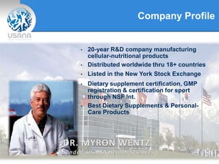 Company Profile
• 20-year R&D company manufacturing
cellular-nutritional products
• Distributed worldwide thru 18+ countries
• Dietary supplement certification, GMP
registration & certification for sport
through NSF Int.
• Best Dietary Supplements & Personal-
Care Products
• Listed in the New York Stock Exchange
 