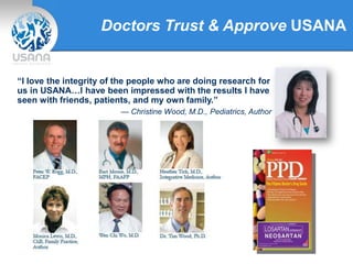 Doctors Trust & Approve USANA
“I love the integrity of the people who are doing research for
us in USANA…I have been impressed with the results I have
seen with friends, patients, and my own family.”
— Christine Wood, M.D., Pediatrics, Author
 