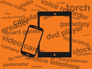 video camera
camera
gps
torch
calculator
gameboy
ereader
voice recorder
dictionary
board games
newspaper
dictionaries
maps/atlas
notepad
radio
alarm clock
dvd player
landline telephone
watch
diary/planner
novels
compass
usb drive
rolodex/contacts
photo frame
3g modem
pedometer
 