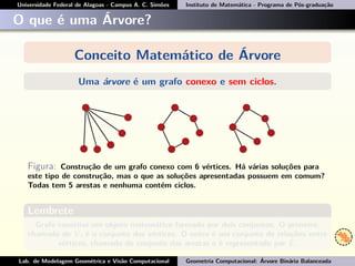 Universidade Federal de Alagoas - Campus A. C. Simões Instituto de Matemática - Programa de Pós-graduação
O que é uma Árvore?
Conceito Matemático de Árvore
Uma árvore é um grafo conexo e sem ciclos.
Figura: Construção de um grafo conexo com 6 vértices. Há várias soluções para
este tipo de construção, mas o que as soluções apresentadas possuem em comum?
Todas tem 5 arestas e nenhuma contém ciclos.
Lembrete
Grafo constitui um objeto matemático formado por dois conjuntos. O primeiro,
chamado de V , é o conjunto dos vértices. O outro é um conjunto de relações entre
vértices, chamado de conjunto das arestas e é representado por E.
Lab. de Modelagem Geométrica e Visão Computacional Geometria Computacional: Árvore Binária Balanceada
 